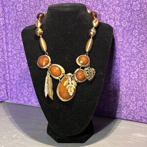 Unique Handmade Statement Necklace Gold Tone Orange Beads Rhinestones Artisan C4